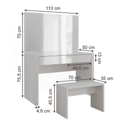 Vicco Coiffeuse blanc brillant/blanc 110cm avec miroir et banc