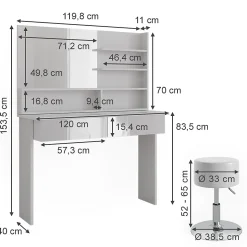 Vicco Coiffeuse Blanc 120cm avec tabouret