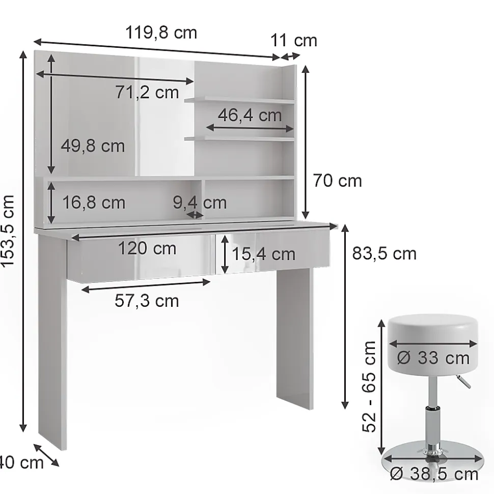 Vicco Coiffeuse Blanc 120cm avec tabouret