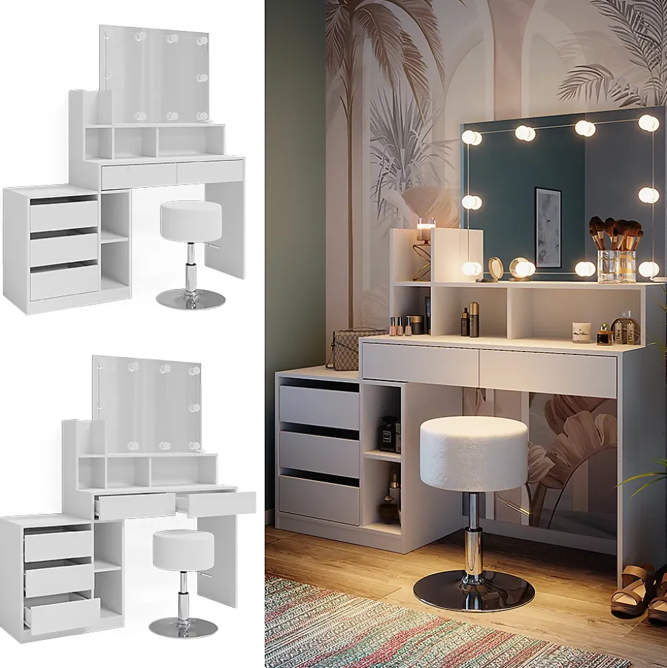 Vicco Coiffeuse Blanc 139.8cm avec éclairage LED et tabouret
