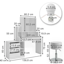 Vicco Coiffeuse Blanc 139.8cm avec éclairage LED et tabouret