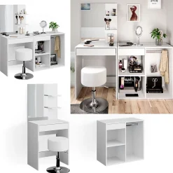 Vicco Coiffeuse Blanc 140cm avec tabouret