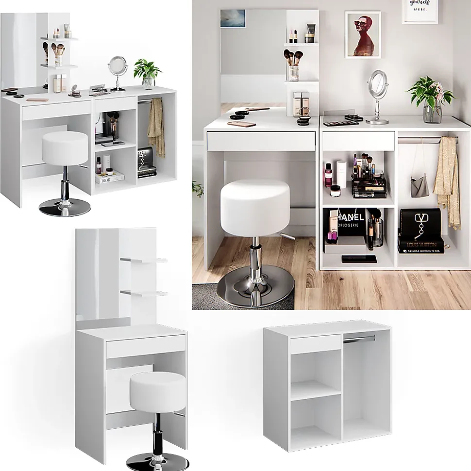 Vicco Coiffeuse Blanc 140cm avec tabouret