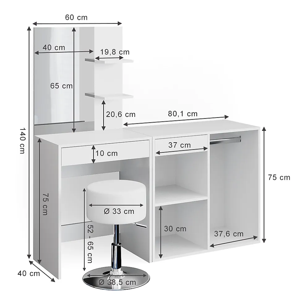 Vicco Coiffeuse Blanc 140cm avec tabouret