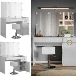 Vicco Coiffeuse Blanc 115cm avec éclairage LED et tabouret
