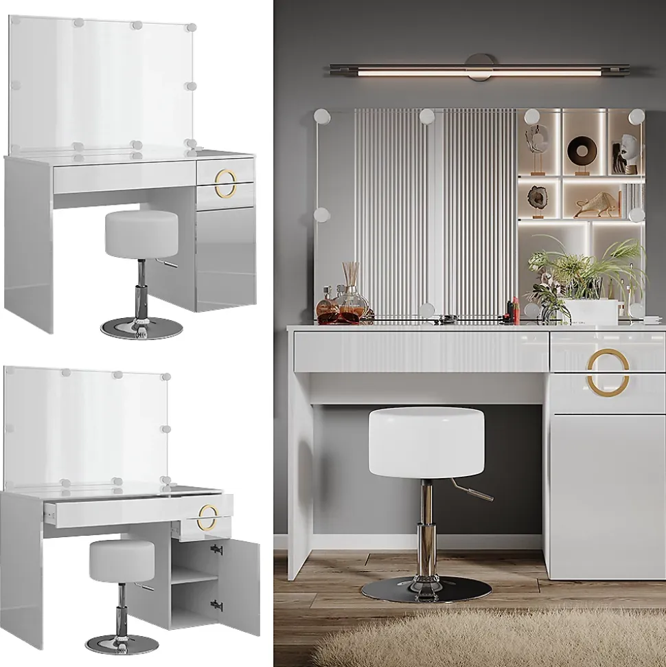 Vicco Coiffeuse Blanc 115cm avec éclairage LED et tabouret