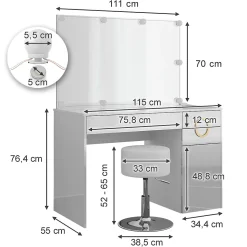 Vicco Coiffeuse Blanc 115cm avec éclairage LED et tabouret