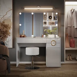 Vicco Coiffeuse Blanc 115cm avec éclairage LED et tabouret