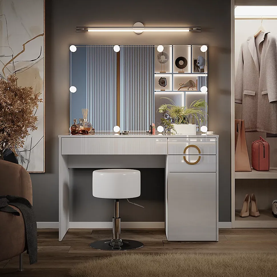 Vicco Coiffeuse Blanc 115cm avec éclairage LED et tabouret