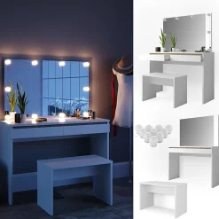 Vicco Coiffeuse Blanc 120cm avec éclairage LED et banc