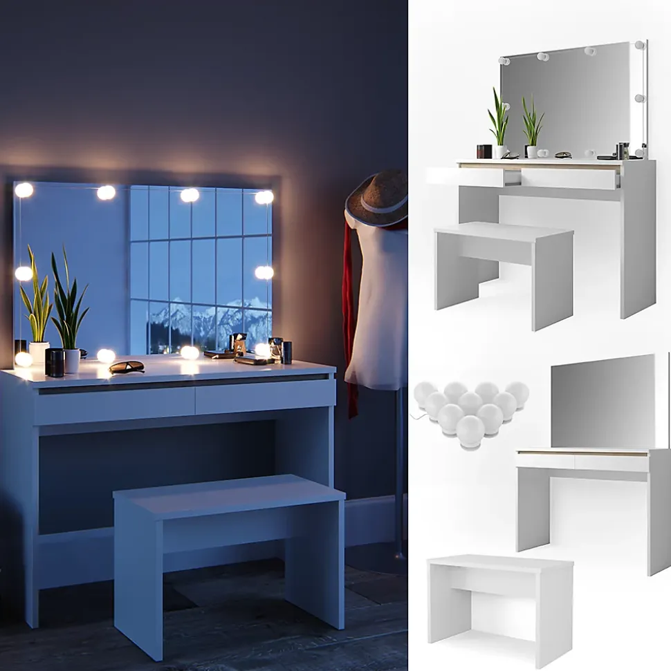 Vicco Coiffeuse Blanc 120cm avec éclairage LED et banc