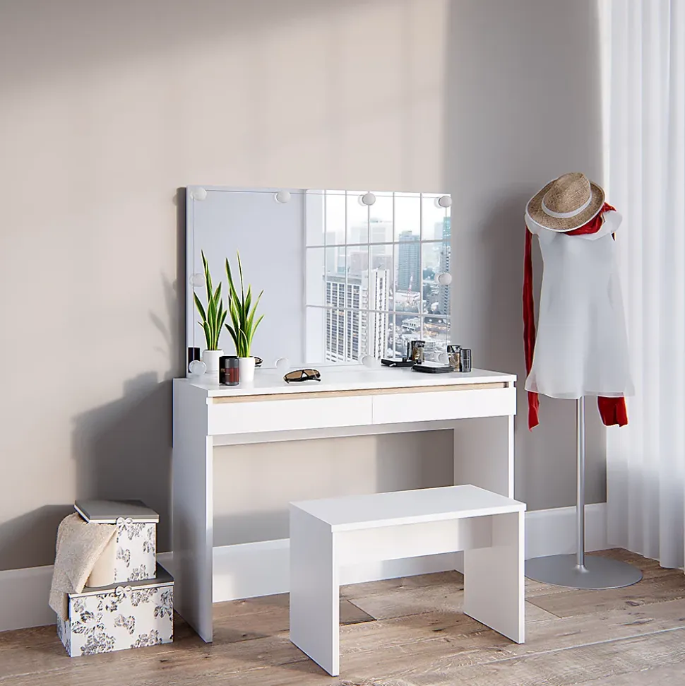 Vicco Coiffeuse Blanc 120cm avec éclairage LED et banc