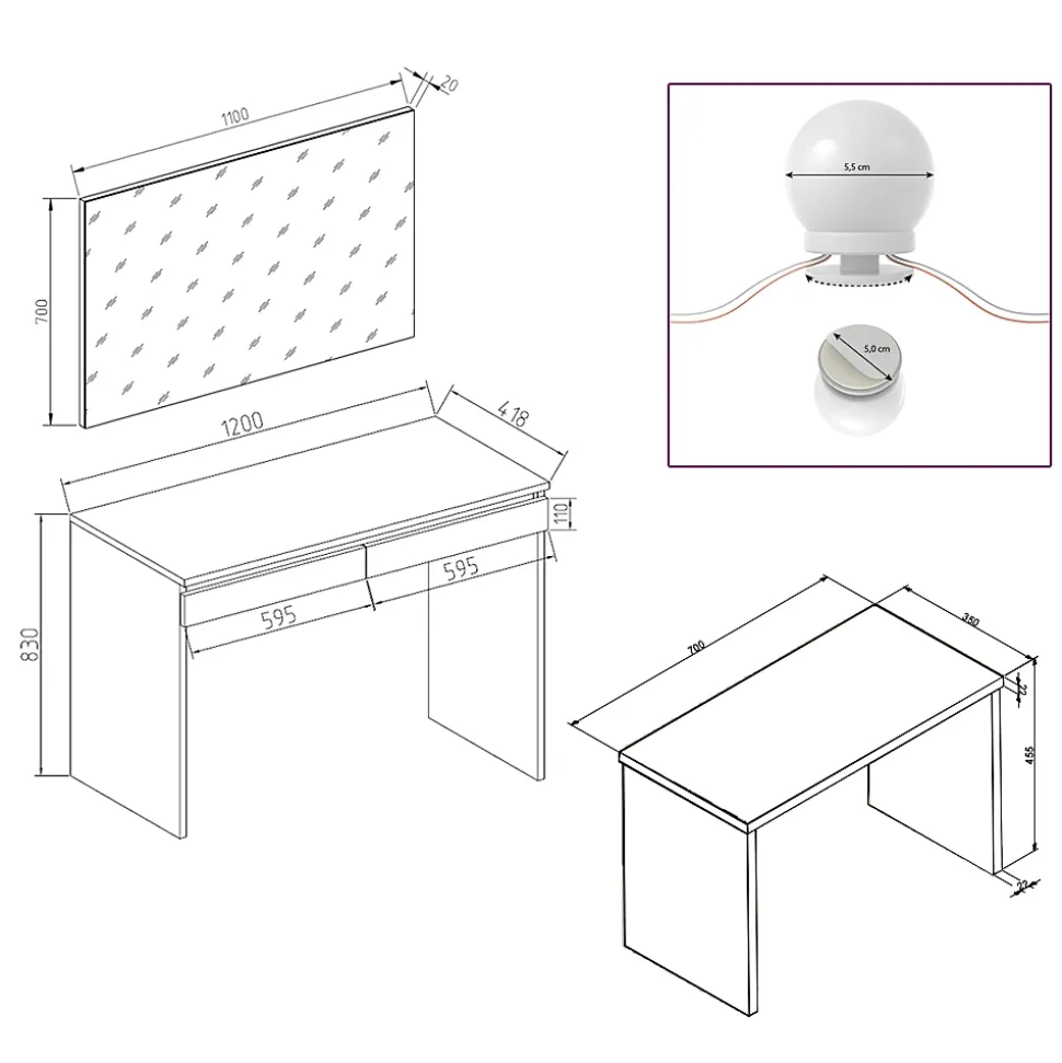 Vicco Coiffeuse Blanc 120cm avec éclairage LED et banc