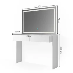 Vicco Coiffeuse Blanc 120cm avec miroir LED