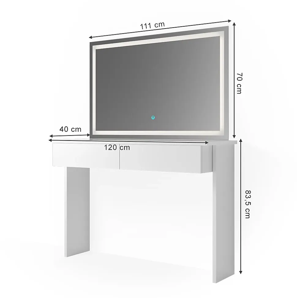 Vicco Coiffeuse Blanc 120cm avec miroir LED