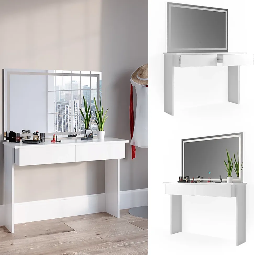 Vicco Coiffeuse Blanc 120cm avec miroir LED