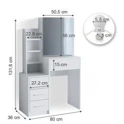 Vicco Coiffeuse Blanc 36cm avec éclairage LED