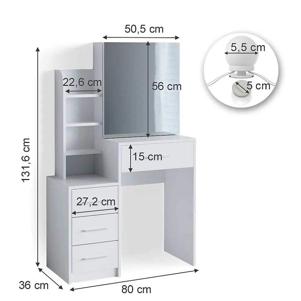 Vicco Coiffeuse Blanc 36cm avec éclairage LED