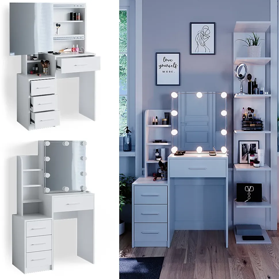 Vicco Coiffeuse Blanc 36cm avec éclairage LED