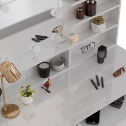 Vicco Coiffeuse Blanc 120cm avec éclairage LED, tabouret et étagère miroir