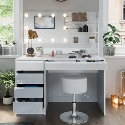 Vicco Coiffeuse Blanc 120cm avec éclairage LED, tabouret et étagère miroir