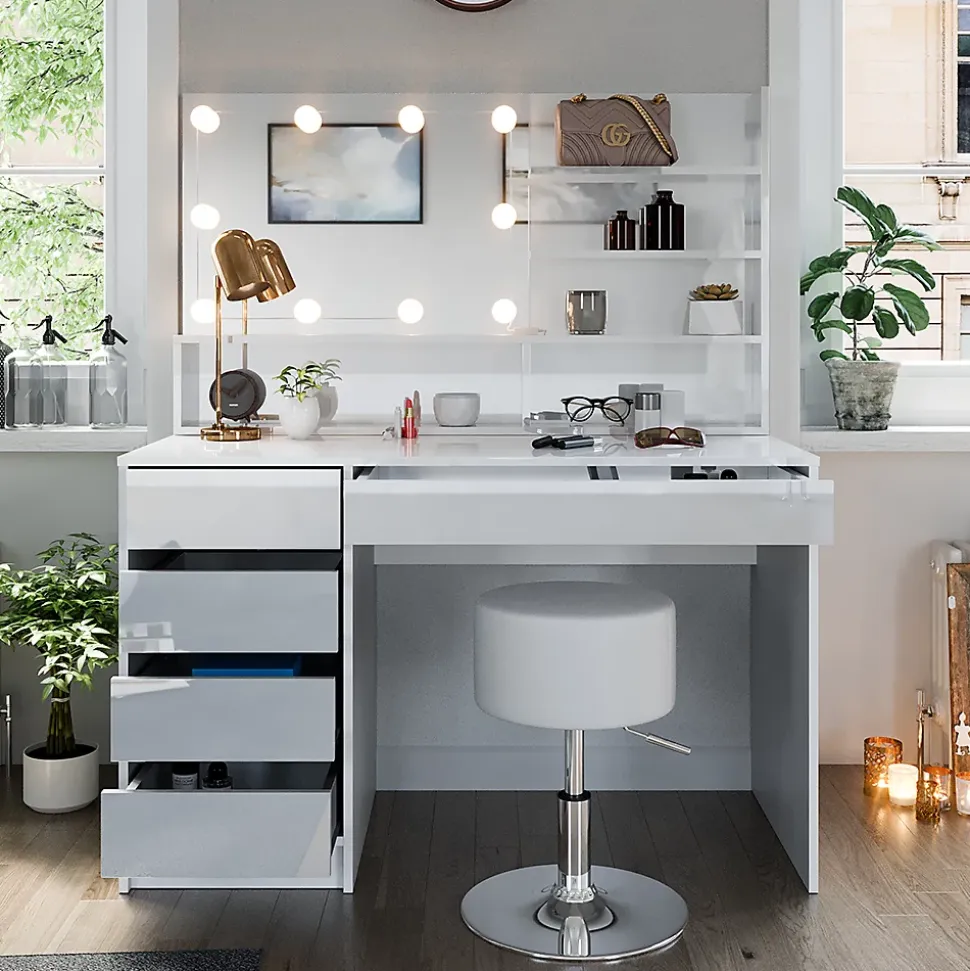 Vicco Coiffeuse Blanc 120cm avec éclairage LED, tabouret et étagère miroir
