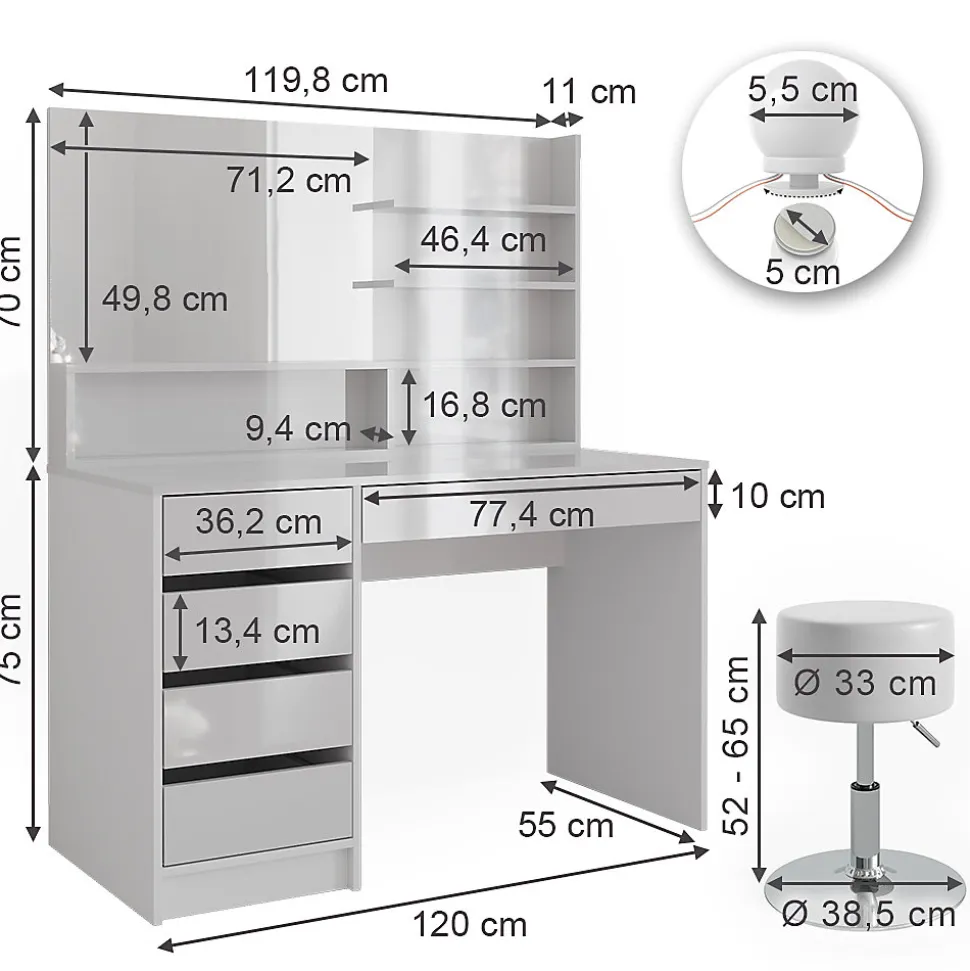 Vicco Coiffeuse Blanc 120cm avec éclairage LED, tabouret et étagère miroir
