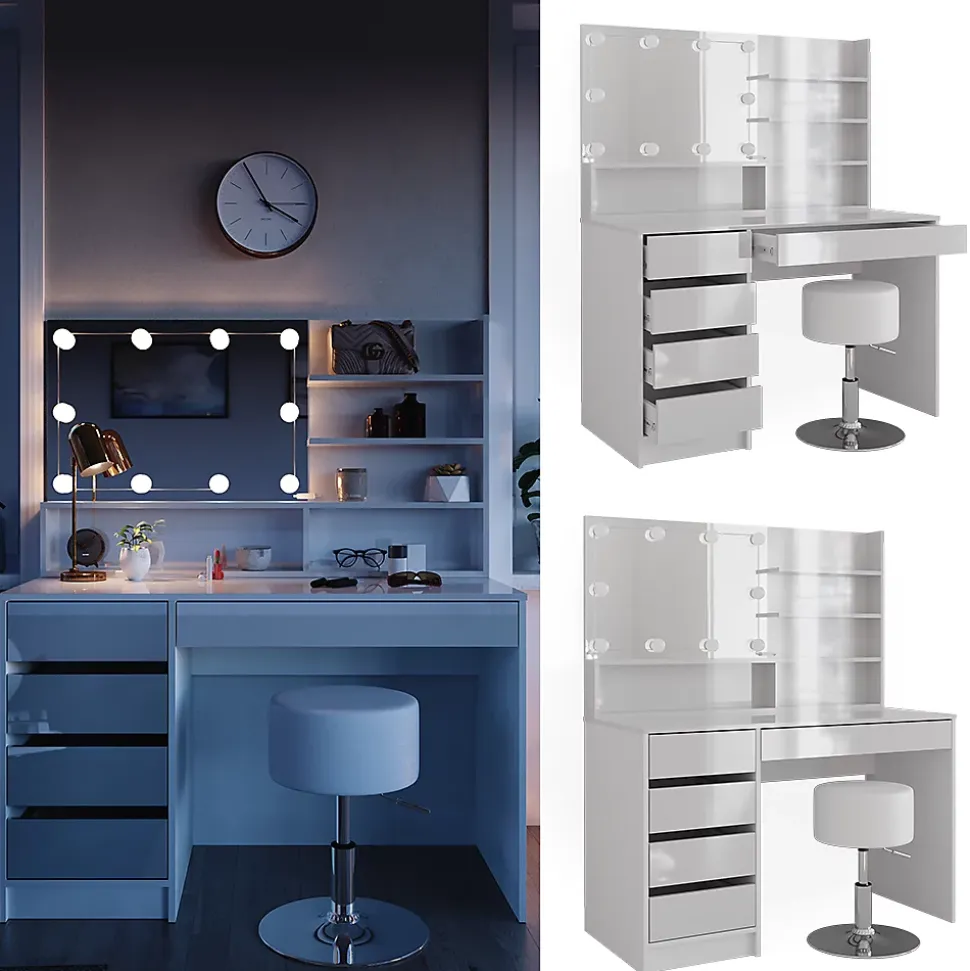 Vicco Coiffeuse Blanc 120cm avec éclairage LED, tabouret et étagère miroir