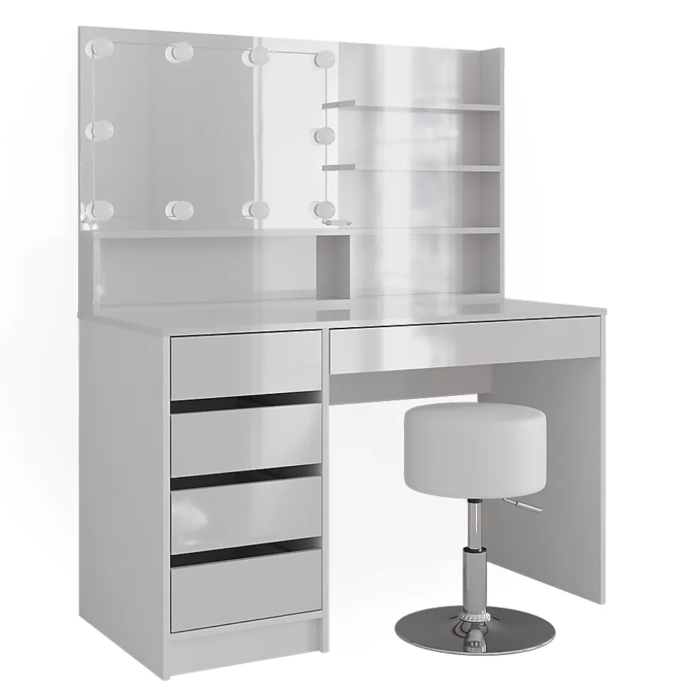 Vicco Coiffeuse Blanc 120cm avec éclairage LED, tabouret et étagère miroir