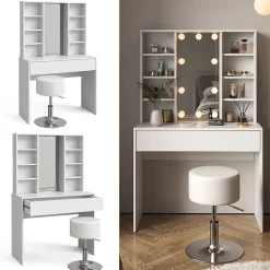 Vicco Coiffeuse Blanc 93cm avec tabouret