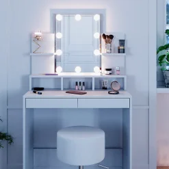 Vicco Coiffeuse Blanc 80cm avec éclairage LED et tabouret
