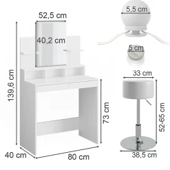Vicco Coiffeuse Blanc 80cm avec éclairage LED et tabouret