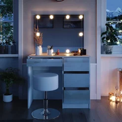 Vicco Coiffeuse Blanc 40cm avec éclairage LED et tabouret