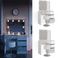 Vicco Coiffeuse Blanc 40cm avec éclairage LED et tabouret