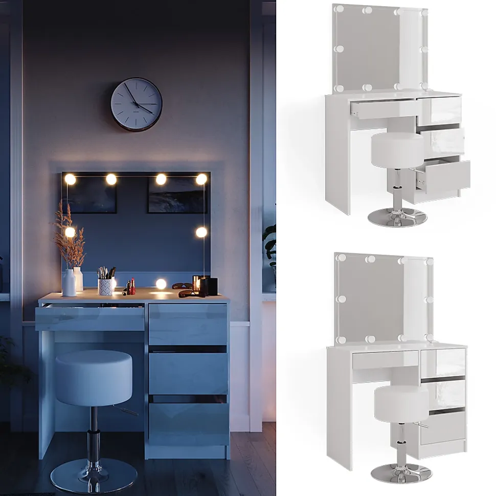 Vicco Coiffeuse Blanc 40cm avec éclairage LED et tabouret