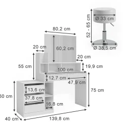Vicco Coiffeuse Blanc 139.8cm avec tabouret