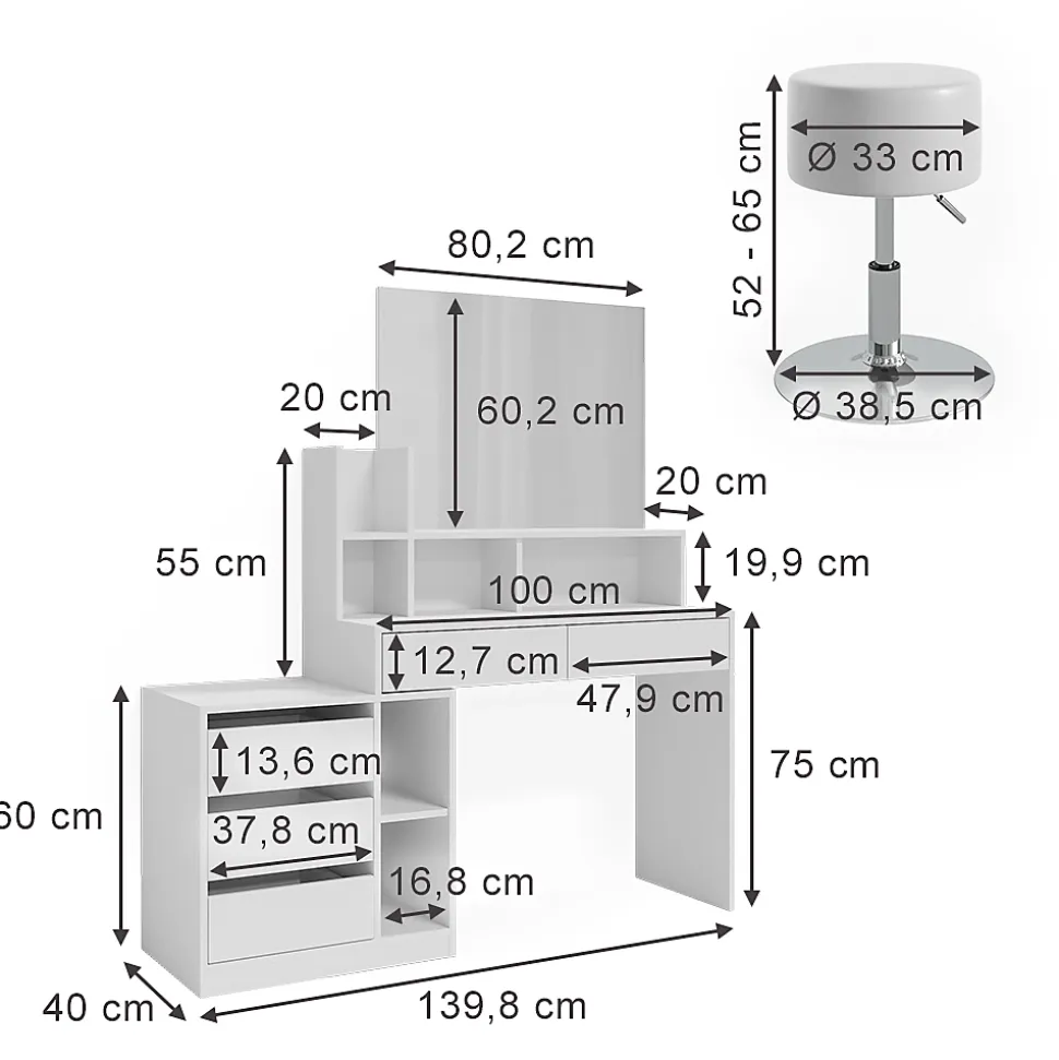Vicco Coiffeuse Blanc 139.8cm avec tabouret