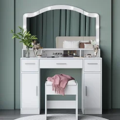 Vicco Coiffeuse Blanc 110cm avec miroir LED et tabouret