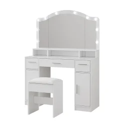 Vicco Coiffeuse Blanc 110cm avec miroir LED et tabouret