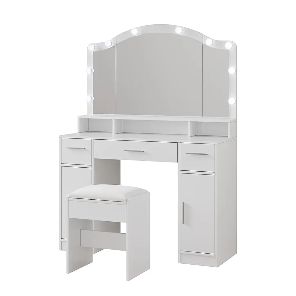Vicco Coiffeuse Blanc 110cm avec miroir LED et tabouret