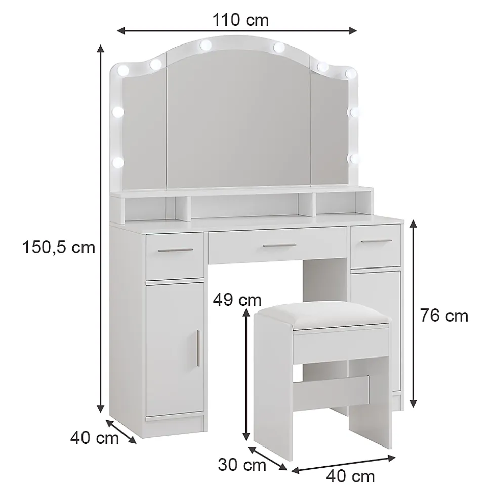 Vicco Coiffeuse Blanc 110cm avec miroir LED et tabouret