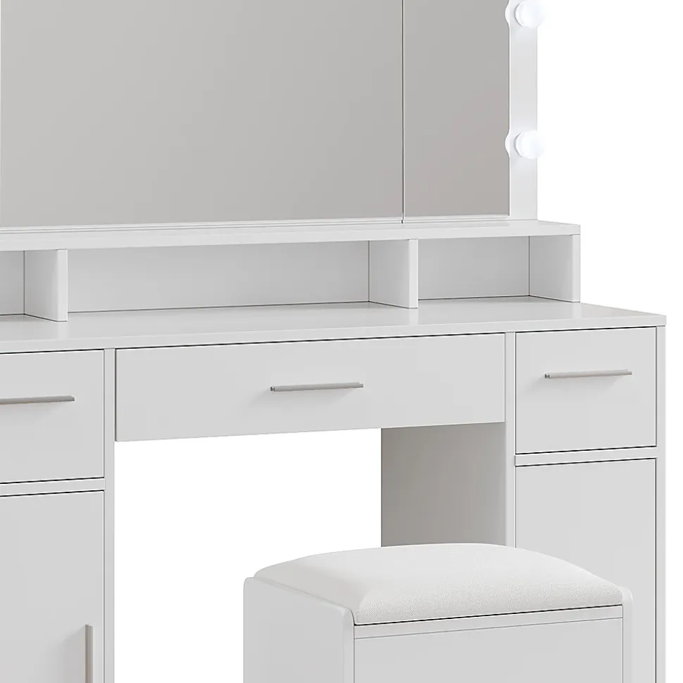 Vicco Coiffeuse Blanc 110cm avec miroir LED et tabouret