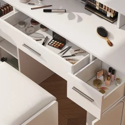 Vicco Coiffeuse Blanc 110cm avec miroir LED et tabouret