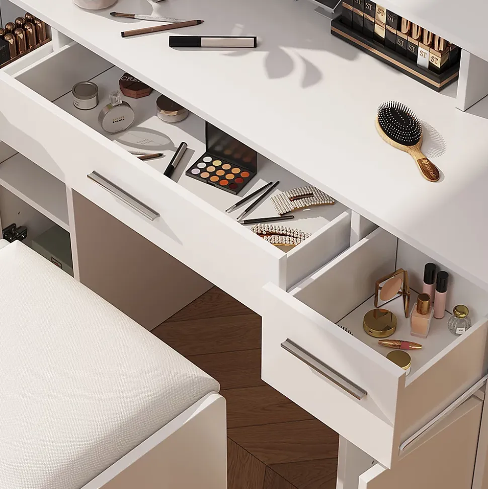 Vicco Coiffeuse Blanc 110cm avec miroir LED et tabouret