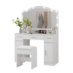 Vicco Coiffeuse Blanc 110cm avec miroir LED et tabouret