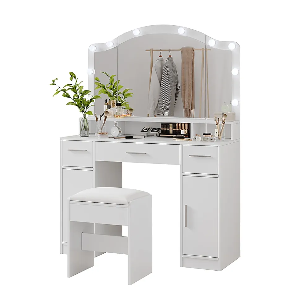 Vicco Coiffeuse Blanc 110cm avec miroir LED et tabouret