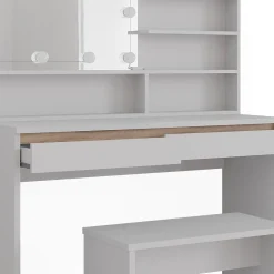 Vicco Coiffeuse Blanc 120cm avec étagère miroir, banc & éclairage LED