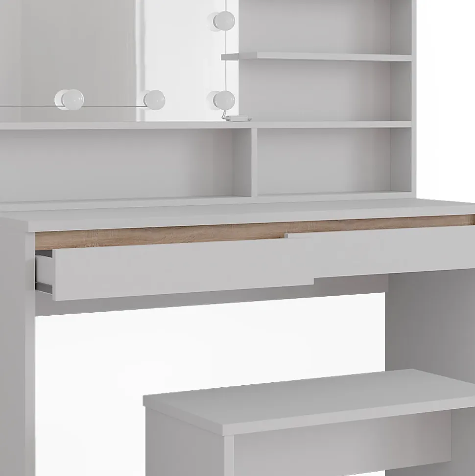 Vicco Coiffeuse Blanc 120cm avec étagère miroir, banc & éclairage LED