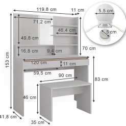 Vicco Coiffeuse Blanc 120cm avec étagère miroir, banc & éclairage LED