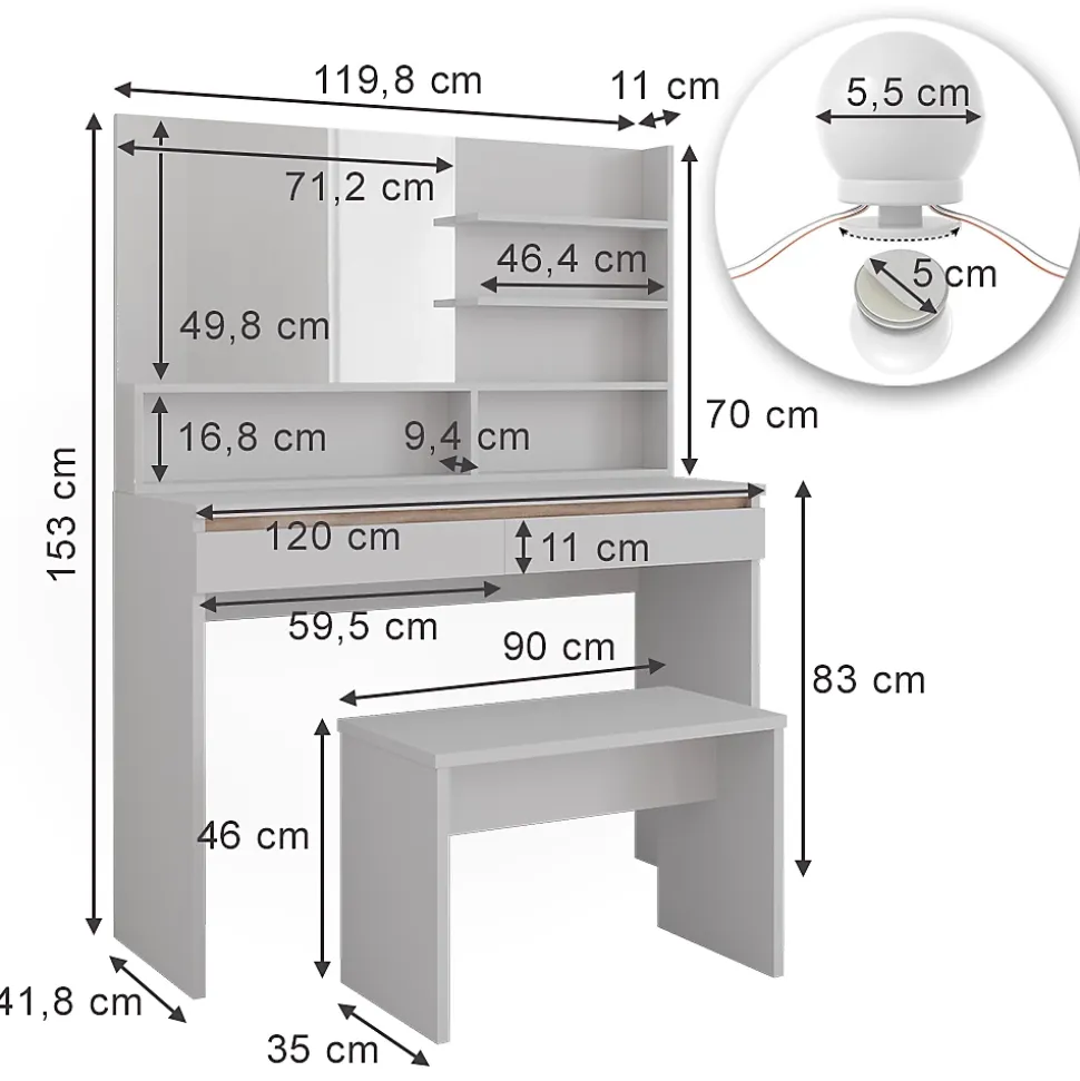 Vicco Coiffeuse Blanc 120cm avec étagère miroir, banc & éclairage LED